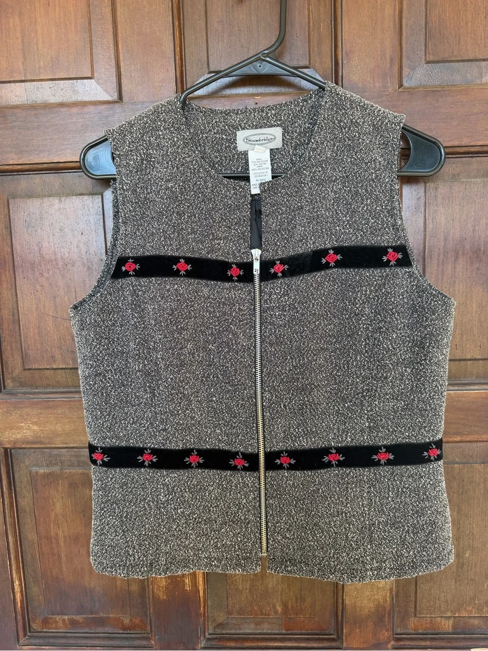 Knit Zip Front Vest with Rose and Velvet Embroidered Trim